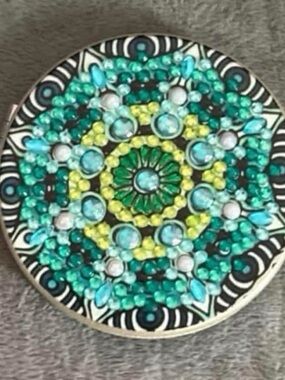 Diamond Art Embellished Mandala Compact Mirror — Teal, Aqua & Yellow